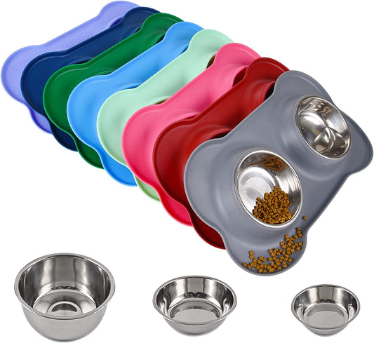 "Ultimate Pet Feeding Set: Non-Spill Stainless Steel Dog Bowls with Skid-Resistant Silicone Mat - Perfect for Small to Medium Sized Cats and Dogs!"