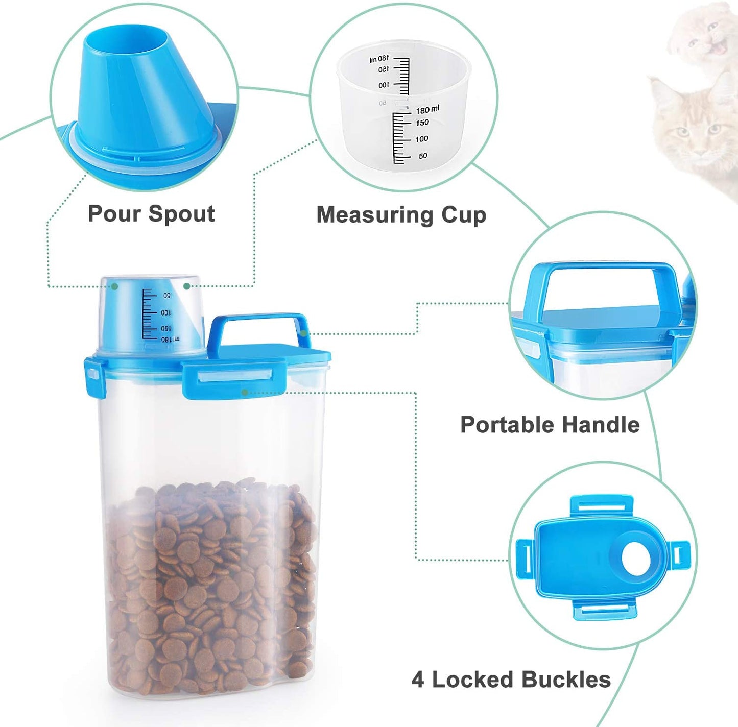 "Convenient Pet Food Storage Container with Measuring Cup and Airtight Seal - Perfect for Dogs, Cats, and Birds!"