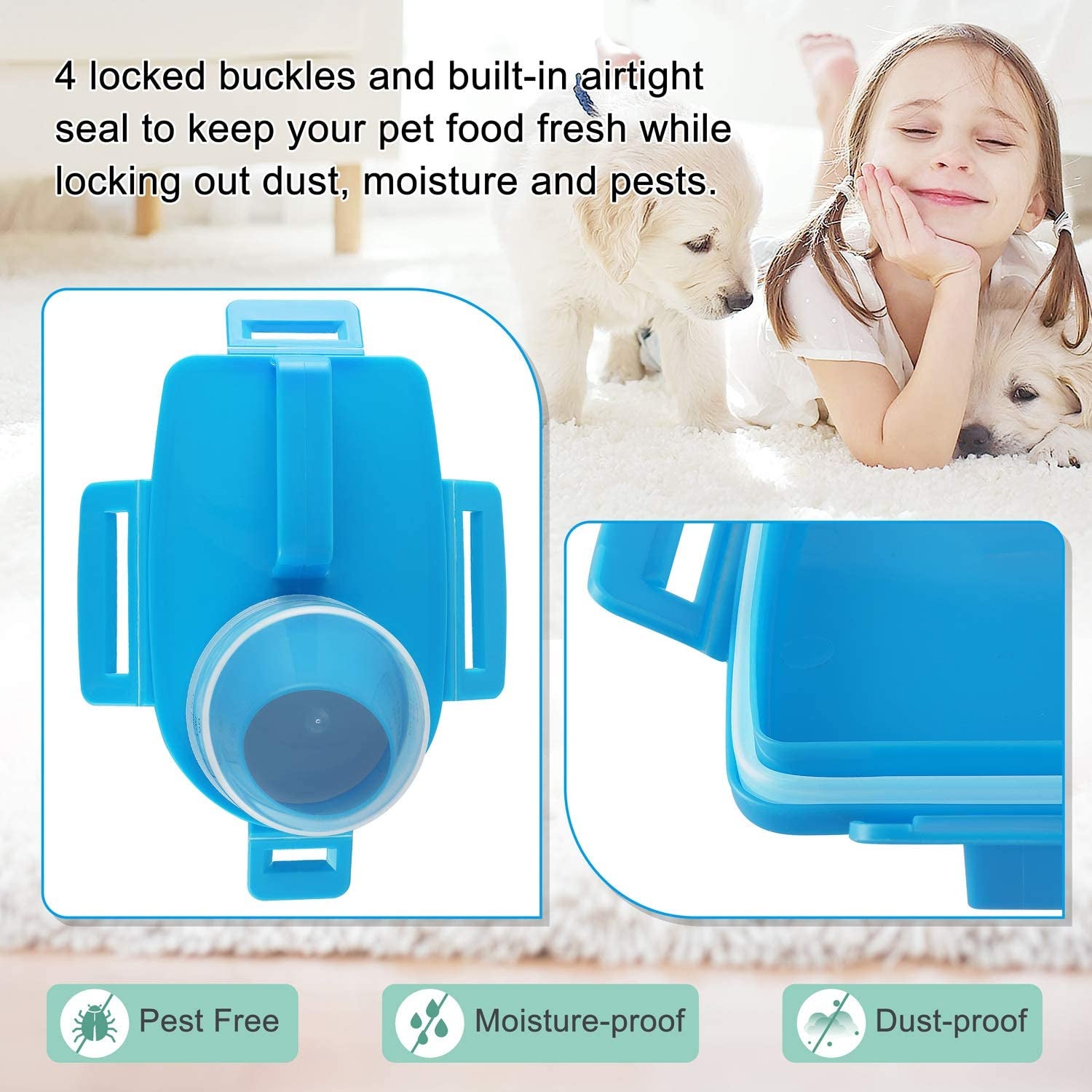 "Convenient Pet Food Storage Container with Measuring Cup and Airtight Seal - Perfect for Dogs, Cats, and Birds!"