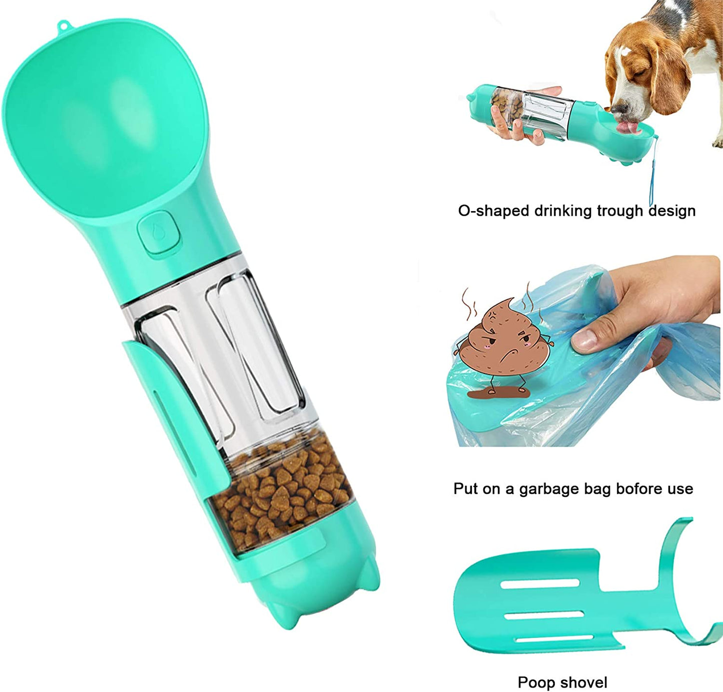 "Ultimate Travel Companion for Dogs - 4-in-1 Water Bottle with Food Storage, Shovel, and Garbage Bags - Perfect for Hiking and Traveling with Your Furry Friend (Turquoise)"