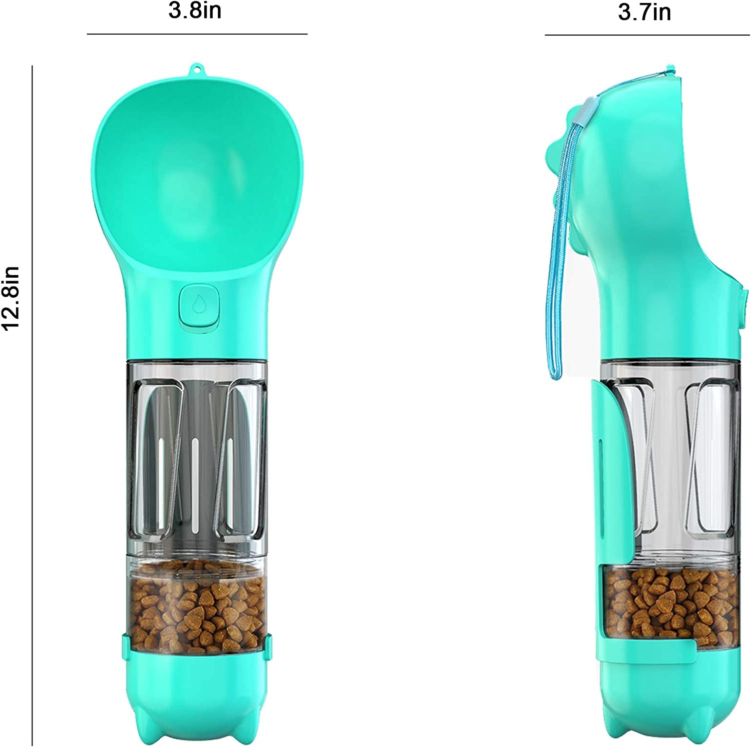 "Ultimate Travel Companion for Dogs - 4-in-1 Water Bottle with Food Storage, Shovel, and Garbage Bags - Perfect for Hiking and Traveling with Your Furry Friend (Turquoise)"