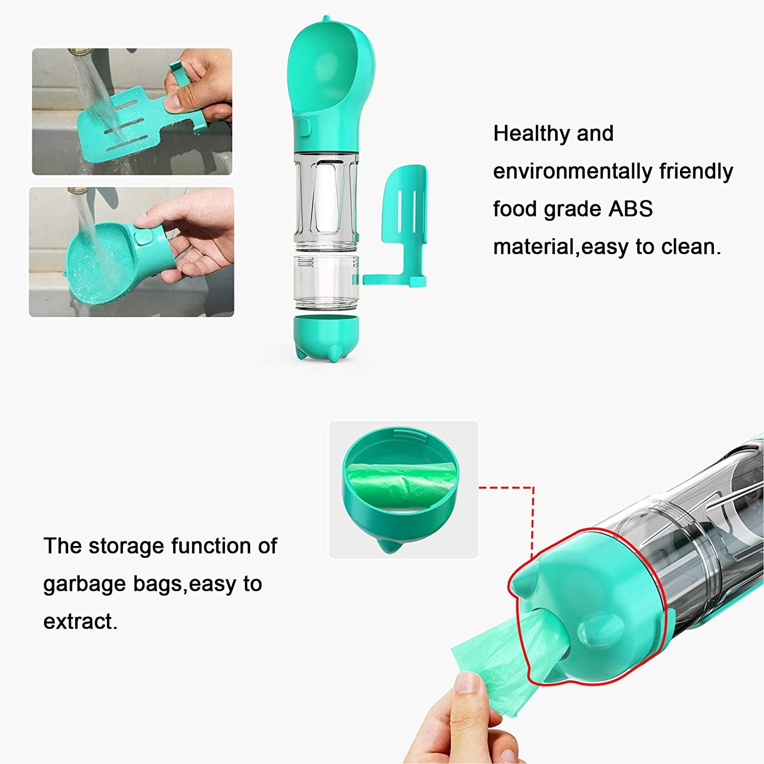 "Ultimate Travel Companion for Dogs - 4-in-1 Water Bottle with Food Storage, Shovel, and Garbage Bags - Perfect for Hiking and Traveling with Your Furry Friend (Turquoise)"