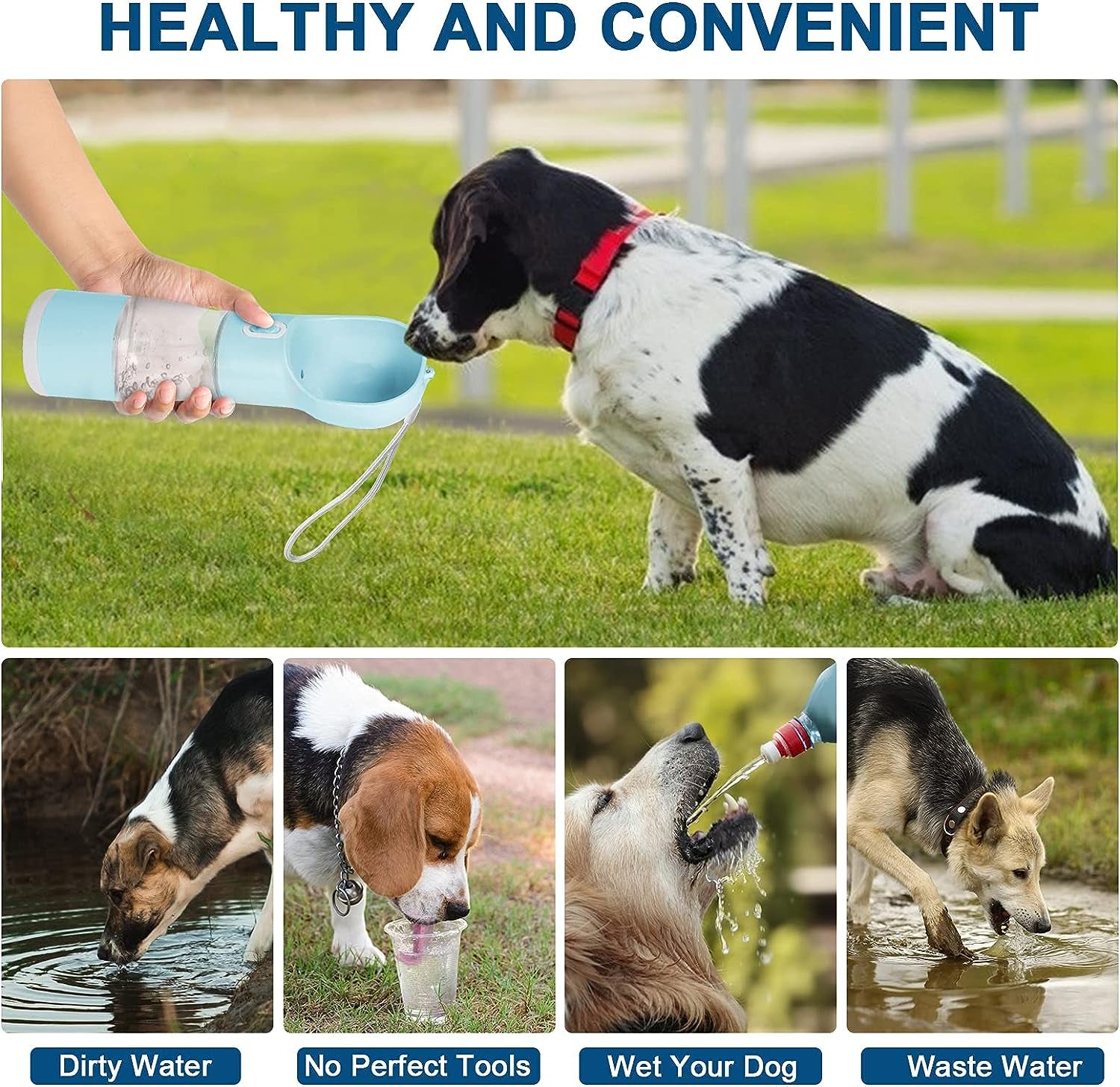 "Travel with Ease: The Perfect 4-in-1 Dog Water Bottle - Leakproof, Convenient Feeder, Waste Bag, and Poop Shovel - Your Ultimate Companion for Pets on the Go!"