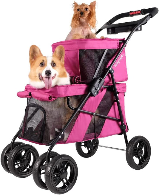 "Deluxe Double Pet Stroller: Stylish Red Velvet Design for Twin or Multiple Small and Medium Pets - Lightweight, Sturdy, and Foldable with Mesh Windows - Perfect for Dogs and Cats!"
