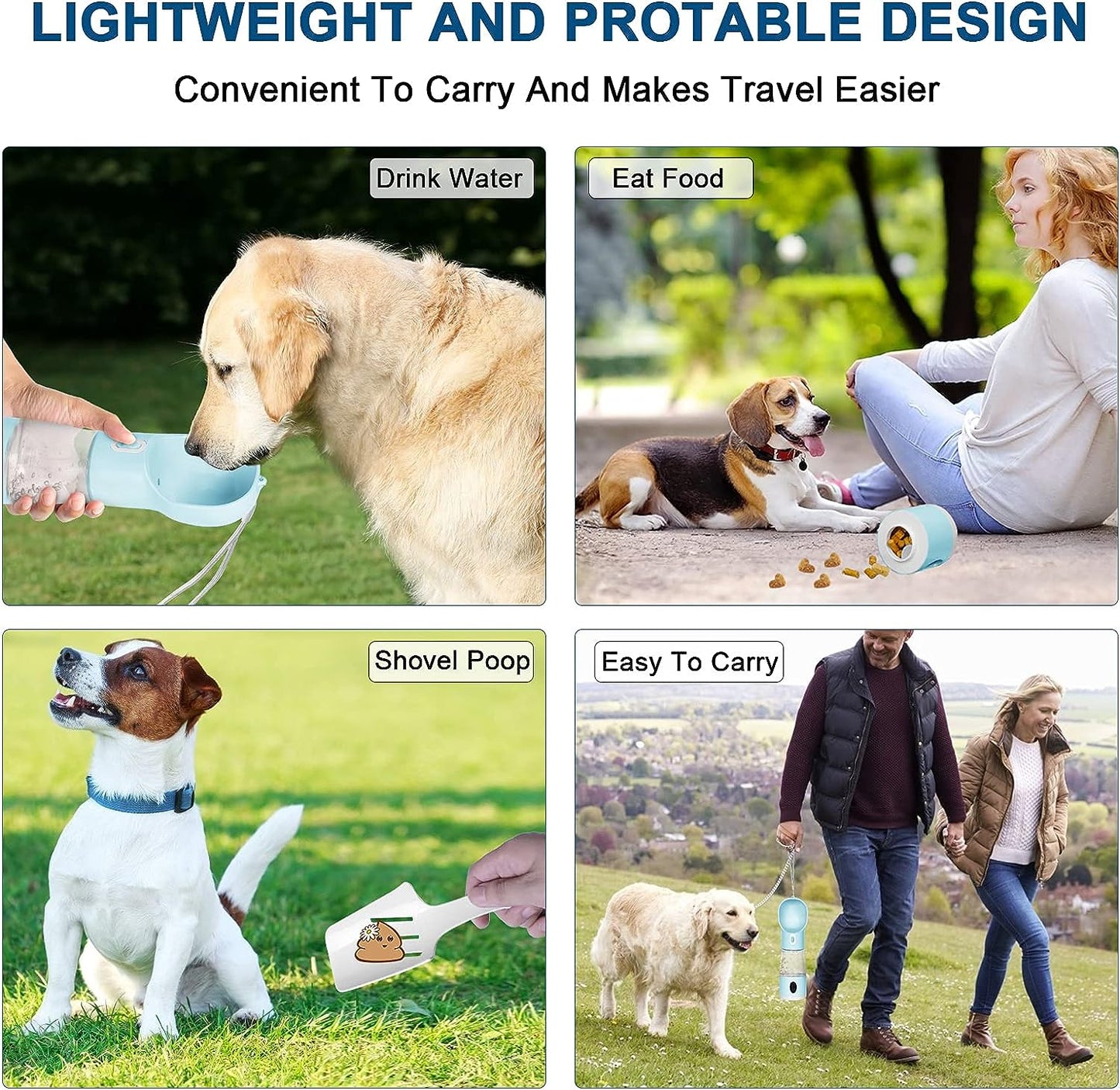 "Travel with Ease: The Perfect 4-in-1 Dog Water Bottle - Leakproof, Convenient Feeder, Waste Bag, and Poop Shovel - Your Ultimate Companion for Pets on the Go!"