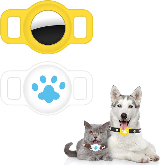 "Keep Your Pets Safe with 2 PCS Air Tag Dog Collar Holder - Stylish Silicone Case Cover for Apple Airtag - Anti-Lost Tracker Finder - Perfect for Dogs, Cats, and Small Pet Animals - Available in Yellow and White"